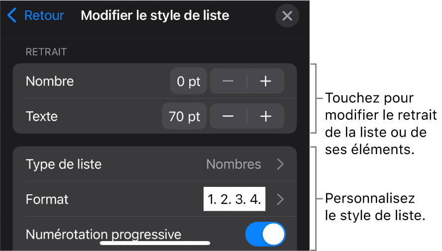 Menu Style de liste avec les commandes pour modifier le type et l’apparence de la liste.