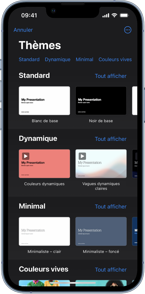  Le sélecteur de thèmes affiche en haut une rangée de catégories que vous pouvez toucher pour filtrer les options. En dessous se trouvent des vignettes de thèmes prédéfinis disposées en rangées par catégorie.