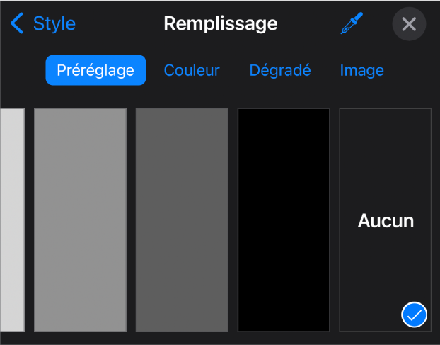 Les commandes Remplissage avec l’option Aucun sélectionnée.