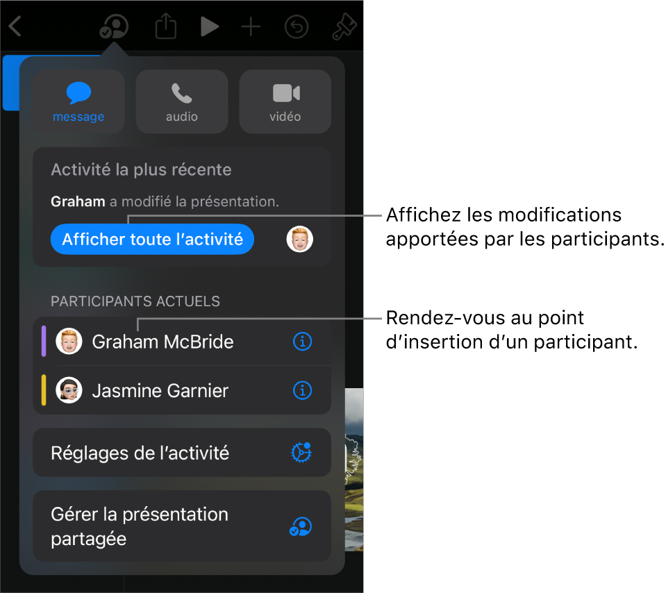 Le menu de collaboration avec la liste des participants actuels.