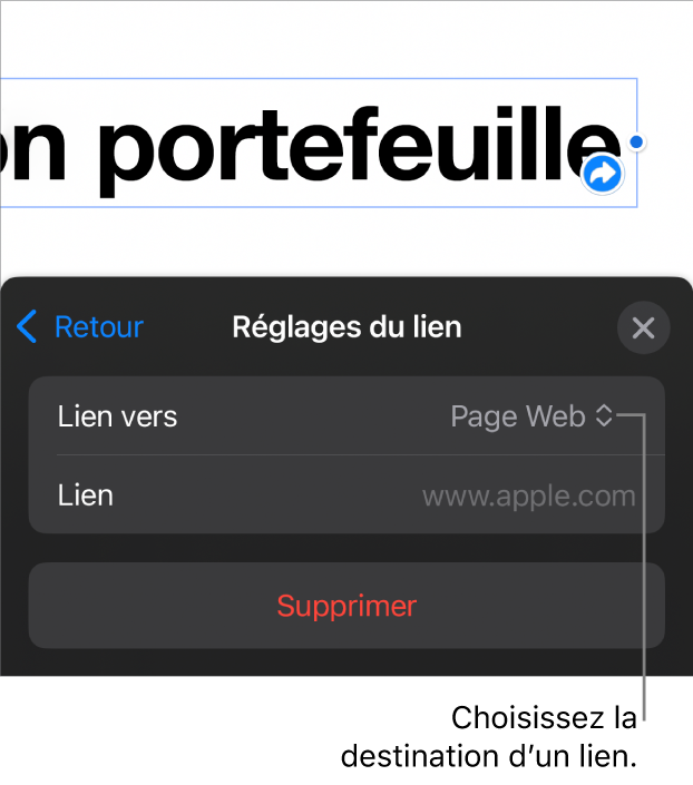 Les commandes Réglages du lien avec l’option Page Web sélectionnée au-dessus du bouton Supprimer.