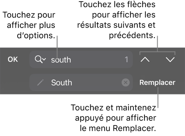 Les commandes Rechercher et remplacer au-dessus du clavier affichant les boutons Remplacer, Monter et Descendre, ainsi qu’une flèche à toucher pour accéder aux options de recherche.
