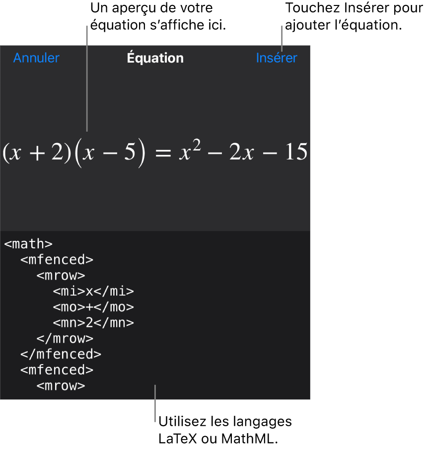 Zone de dialogue Équation, affichant une équation composée à l’aide des commandes MathML et aperçu de la formule au-dessus.