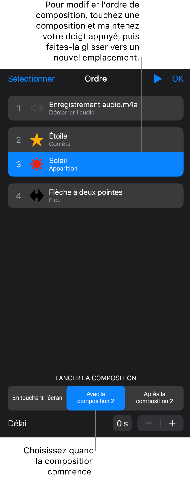Liste Ordre de composition affichant les effets d’entrée avec des pastilles jaunes et les effets de sortie avec des pastilles grises.