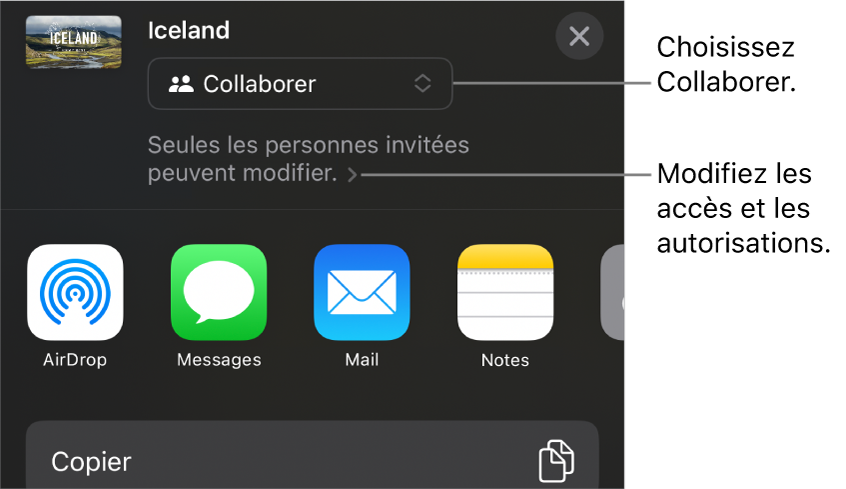 Le menu Partager avec l’option Collaborer sélectionnée en haut, et des réglages d’accès et d’autorisation en dessous.