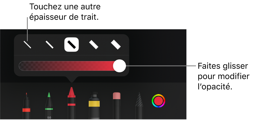 Commandes pour choisir une épaisseur de trait et curseur pour ajuster l’opacité.
