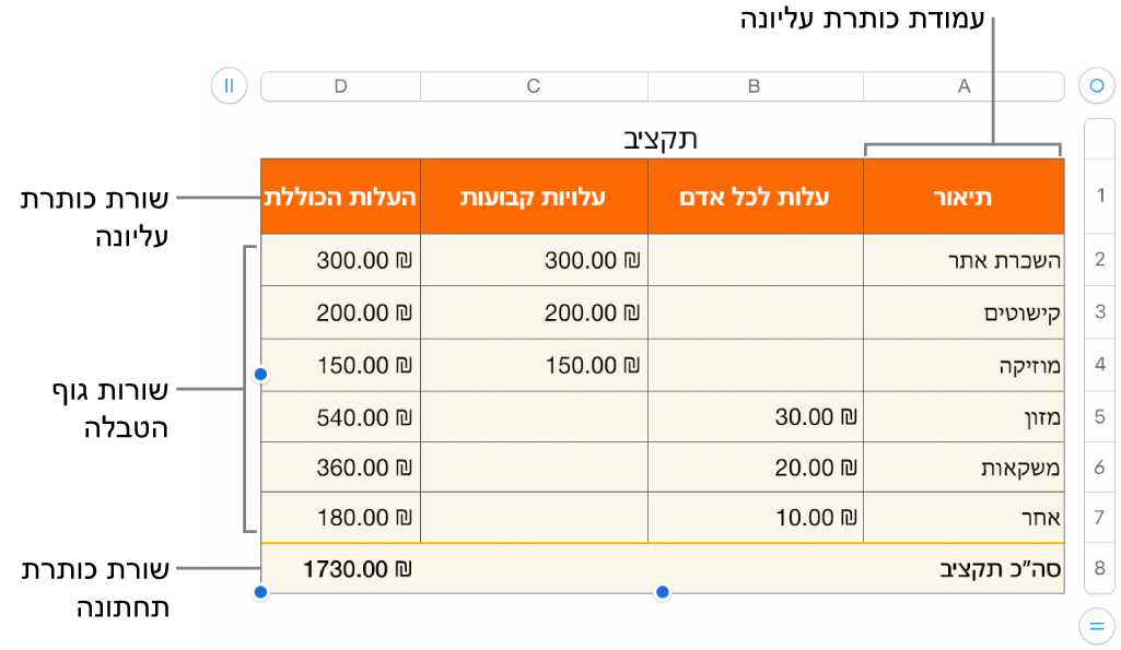 טבלה עם שורות ועמודות כותרת עליונה, גוף טבלה וכותרת תחתונה ועם ידיות אחיזה להוספה או מחיקה של שורות או עמודות.