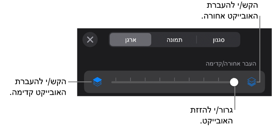 הכפתור ״העבר אחורה״, הכפתור ״העבר קדימה״ והמחוון של סידור בשכבות