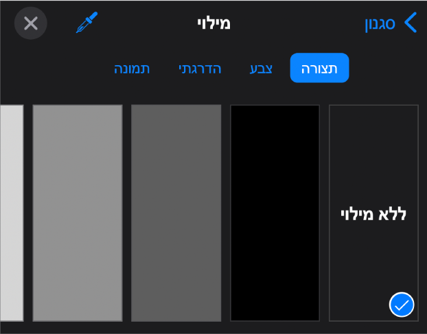 כלי הבקרה של ״מילוי״ שמתוכם נבחרה האפשרות ״ללא מילוי״.