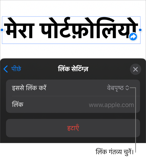 चुने गए वेबपृष्ठ के साथ लिंक सेटिंग्ज़ नियंत्रण और सबसे नीचे “लिंक हटाएँ” बटन।