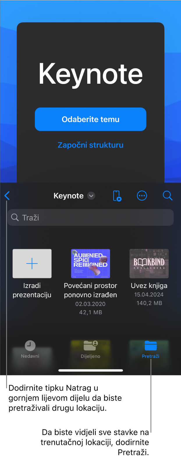 Prikaz pretraživanja upravljanja dokumentima s tipkom Natrag u gornjem lijevom kutu, a ispod njega nalazi se polje za pretraživanje. U gornjem desnom kutu nalaze e tipke Dodaj, Više i Daljinsko upravljanje. Na dnu zaslona nalaze se tipke Nedavne stavke, Podijeljeno i Pretraži.