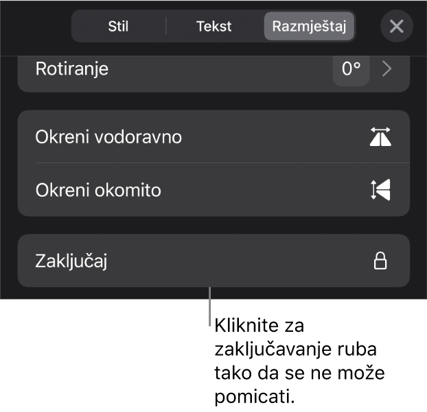 Kontrole Rasporedi u izborniku Formatiraj s odabranom tipkom Zaključaj.