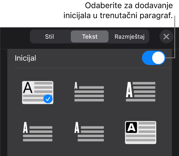 Kontrole opcija Inicijal koje se nalaze u izborniku Tekst.