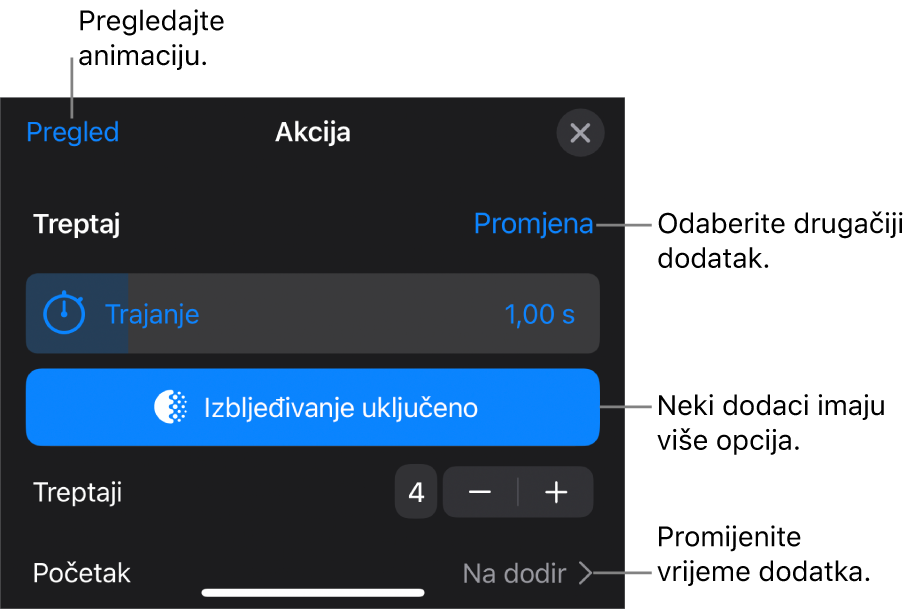 Opcije izdanja uključuju postavku vremena za Trajanje i Početak. Dodirnite Promijeni za odabir drugog izdanja, ili dodirnite Pretpregled za pregled izdanja.