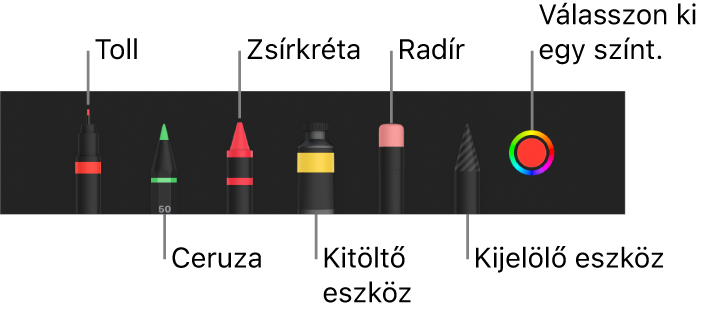 A rajz eszközsor tollal, ceruzával, zsírkrétával, kitöltőeszközzel, radírral, kijelölés eszközzel és az aktuális színt megjelenítő színrekesszel.