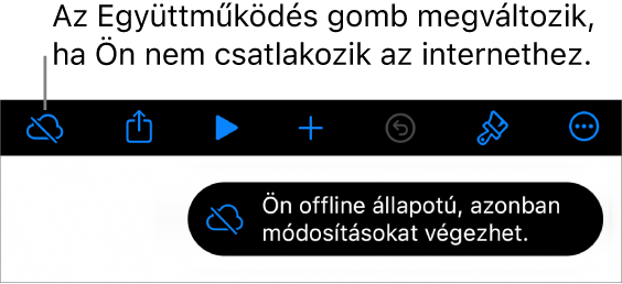 A képernyő tetején található gombok, ahol az Együttműködés gomb egy átlósan áthúzott felhőre módosul. Figyelmeztetés a képernyőn: „Offline módban van, de folytathatja a szerkesztést”.