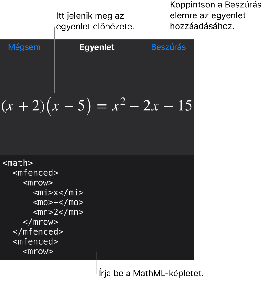 Az Egyenlet párbeszédpanel, amelyen egy, a MathML-parancsok használatával írt egyenlet, felül pedig az egyenlet előnézete látható.