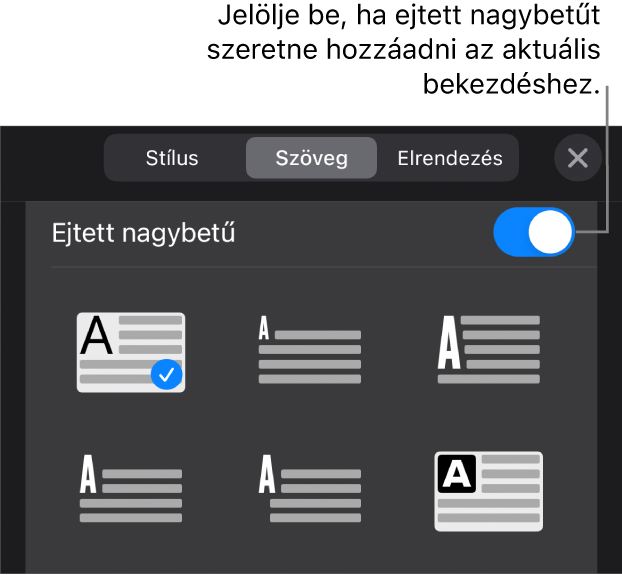 A Szöveg menüben található Iniciálé vezérlők.