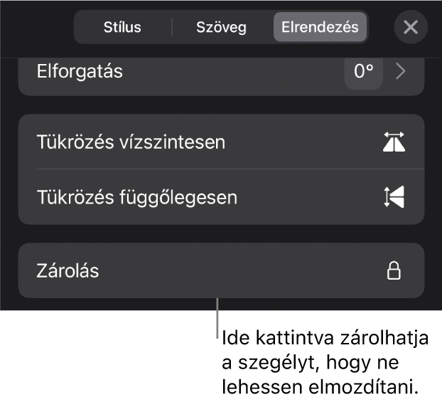 Az Elrendezés vezérlők a Formátum menüben, a kiemelt Zárolás gombbal.