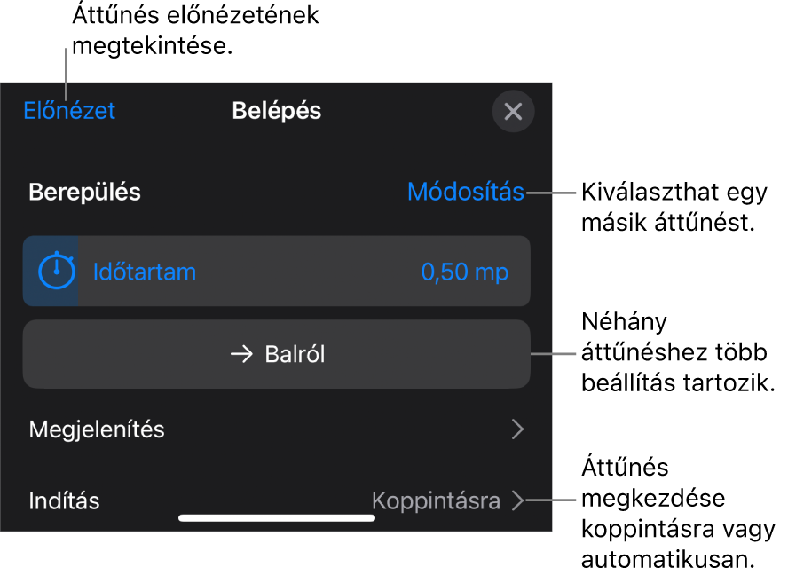 Az áttűnés módosítására szolgáló vezérlők az Opciók panelen.