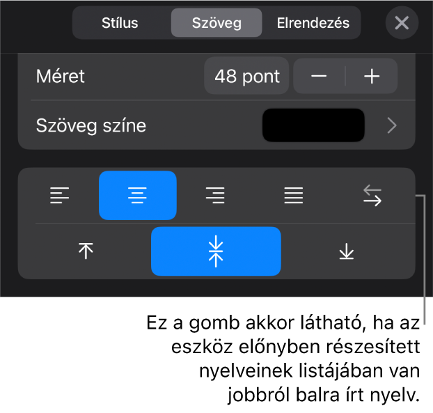 A Formátum menü szövegvezérlői a Jobbról balra Gombra mutató ábrafelirattal.