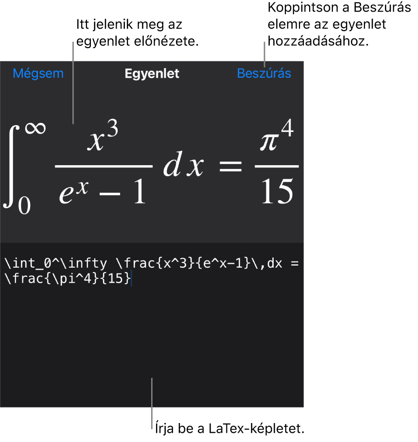 Az Egyenlet párbeszédpanel, amelyen egy, a LaTex-parancsok használatával írt egyenlet, felül pedig az egyenlet előnézete látható.