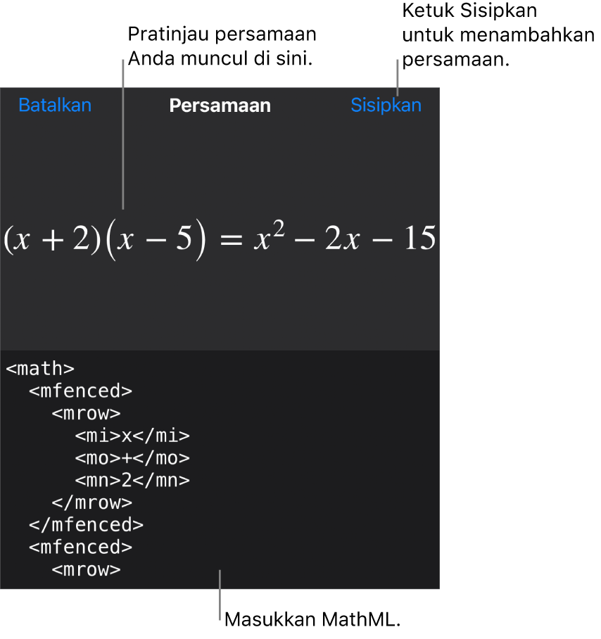 Dialog Persamaan, menampilkan sebuah persamaan ditulis menggunakan perintah MathML, dan pratinjau formula di atas.