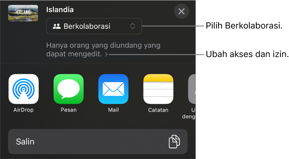 Menu Bagikan dengan Kolaborasi dipilih di bagian atas, dan pengaturan dan izin di bawahnya.