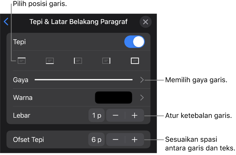 Kontrol untuk mengubah gaya, ketebalan, posisi, dan warna garis.