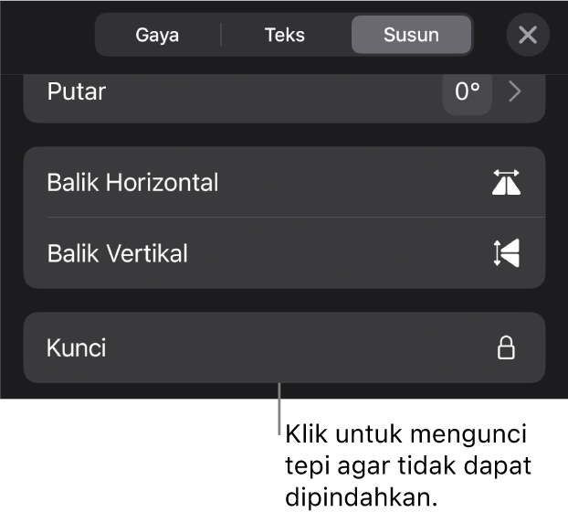 Tombol Susun di menu Format dengan tombol Kunci dijelaskan.