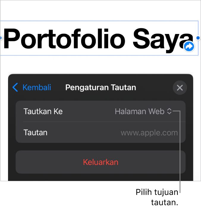 Kontrol Pengaturan Tautan dengan Halaman Web dipilih, dan tombol Hapus di bagian bawah.