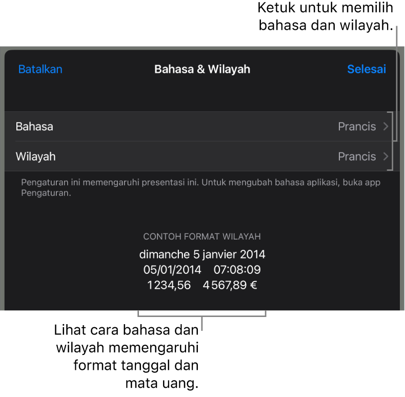 Panel Bahasa dan Wilayah dengan kontrol untuk bahasa dan wilayah, serta contoh format termasuk tanggal, waktu, desimal, dan mata uang.