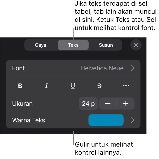 Kontrol teks di menu Format untuk mengatur paragraf dan gaya karakter, font, ukuran, dan warna.