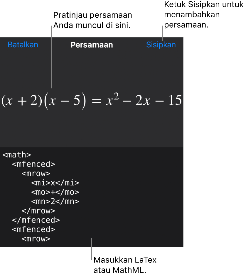 Dialog Persamaan, menampilkan sebuah persamaan ditulis menggunakan perintah MathML, dan pratinjau formula di atas.