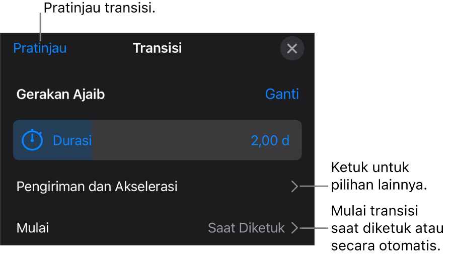 Gerakan Ajaib di panel Transisi.