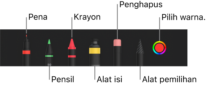 Bar alat gambar dengan alat pena, pensil, krayon, isi, penghapus, alat pemilihan, dan bidang warna yang menampilkan warna saat ini.