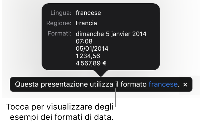 La notifica della diversa impostazione di lingua e zona, con esempi dei formati.