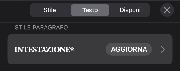 Stile paragrafo con un asterisco vicino e un pulsante Aggiorna sulla destra.