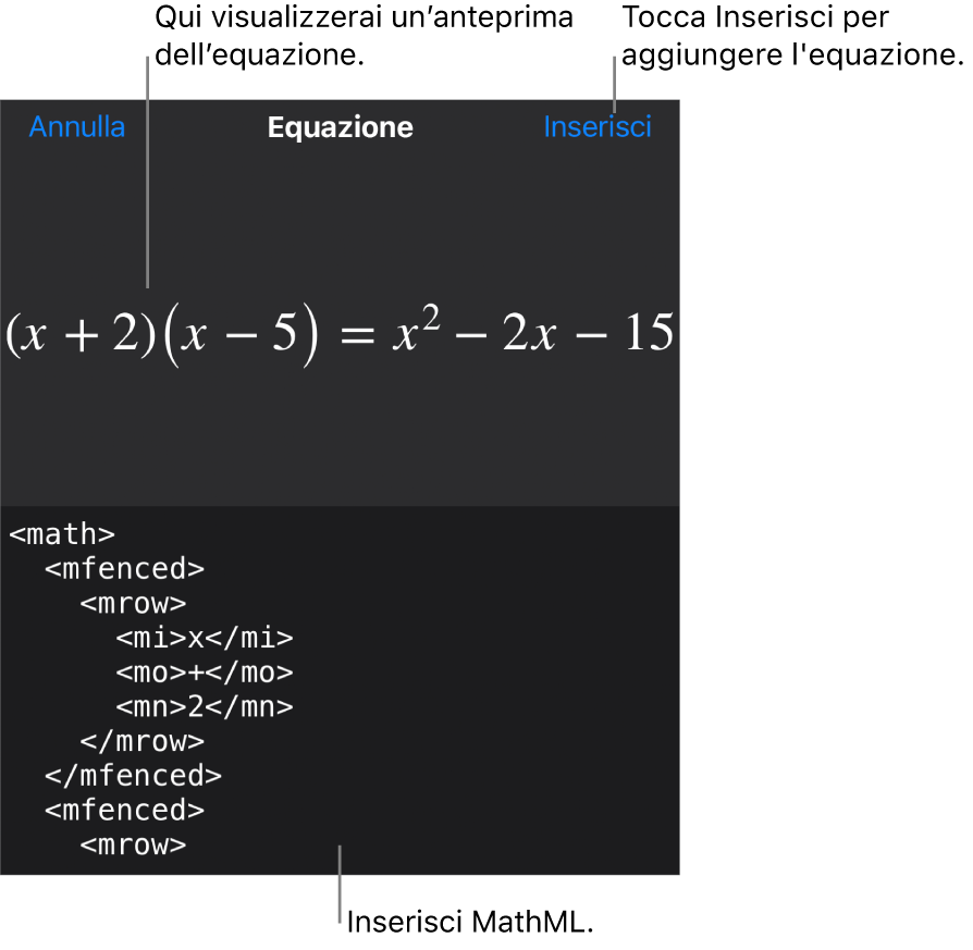 La finestra di dialogo Equazione che mostra l’equazione scritta tramite comandi MathML e un’anteprima della formula di cui sopra.