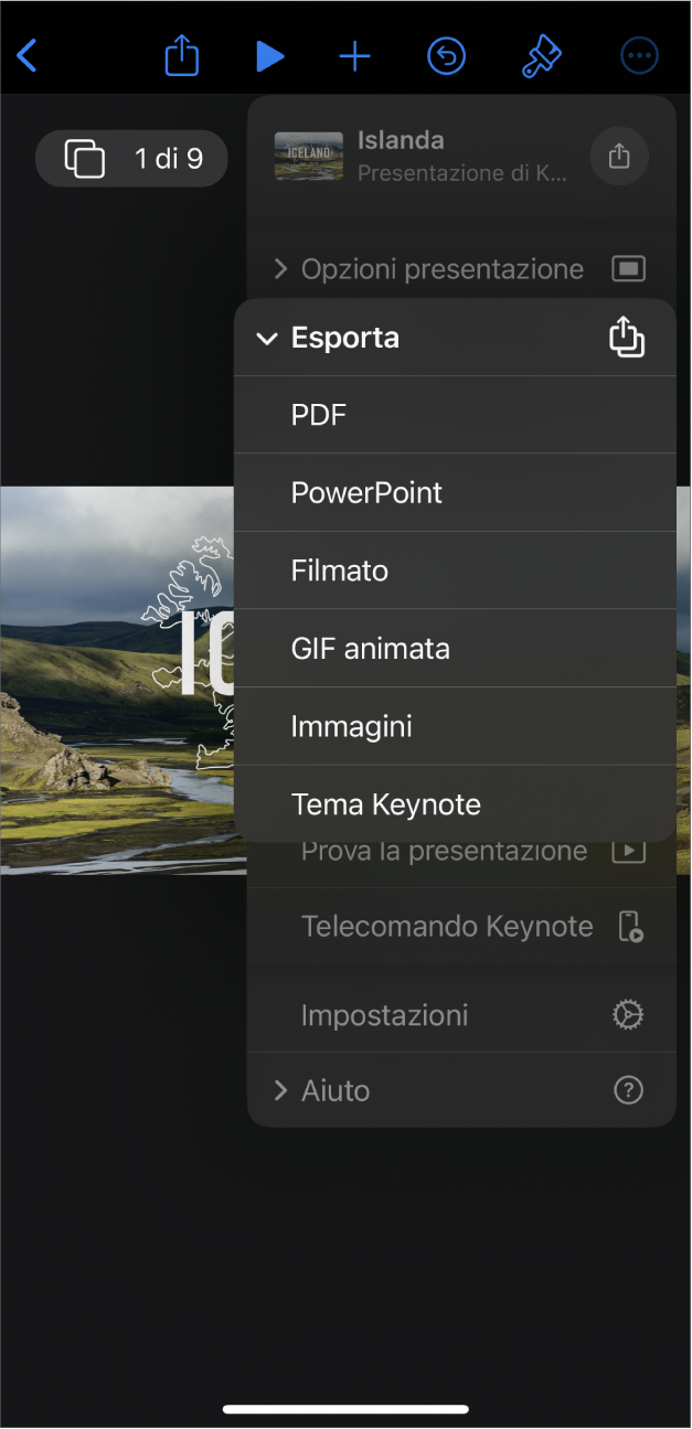 L’app Keynote con le opzioni Esporta aperte nel menu Altro della barra strumenti.