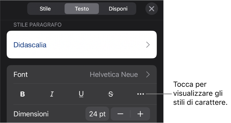 I controlli Formato con gli stili di paragrafo nella parte superiore, quindi i controlli Font. Sotto Font sono presenti i pulsanti Grassetto, Corsivo, Sottolineato, Barrato e “Altre opzioni di testo”.