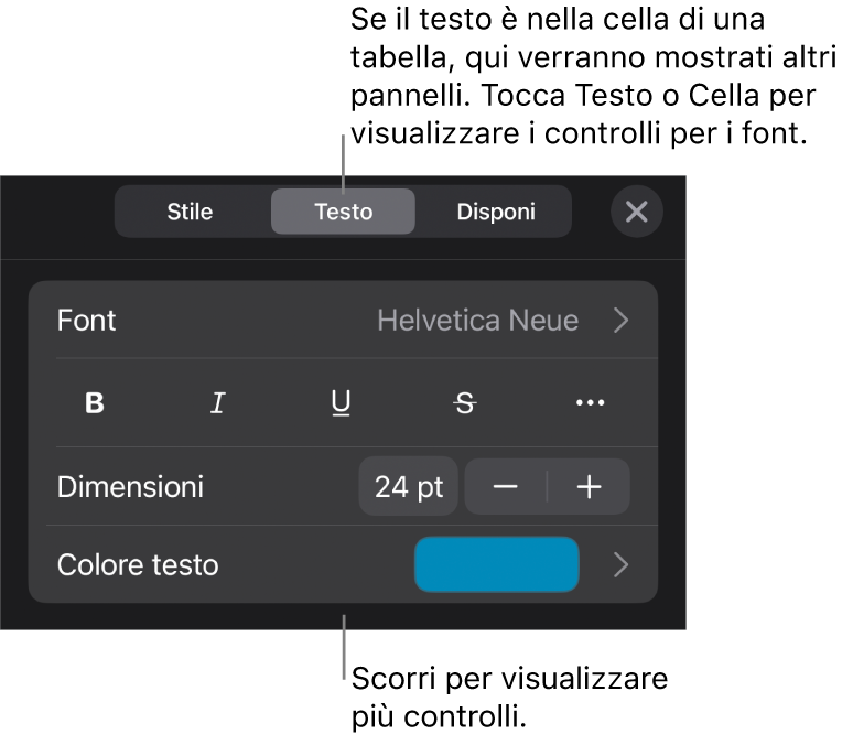 Controlli di testo nel menu Formattazione per impostare stili di carattere e paragrafo, font, dimensione e colore.