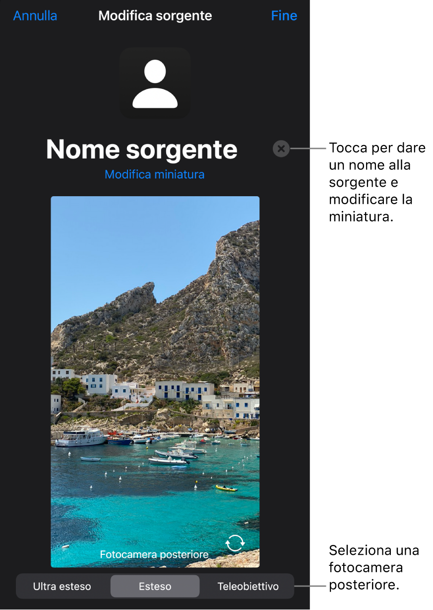 La finestra “Nuova sorgente”, con i controlli per modificare il nome e la miniatura della sorgente sopra un’anteprima in diretta dalla videocamera. Se iPhone dispone di più videocamere posteriori, i pulsanti per selezionarle verranno visualizzati nella parte inferiore dello schermo.