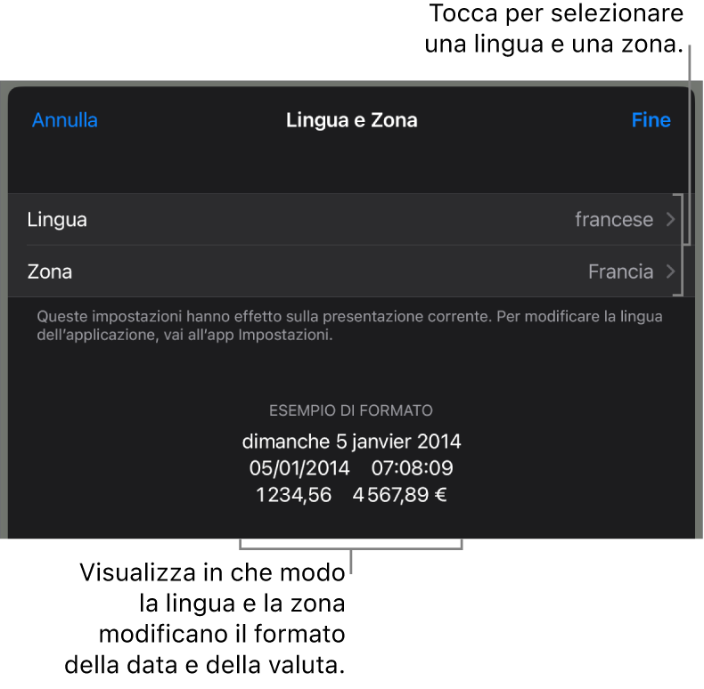 Il pannello Lingua e Zona con i controlli per lingua e zona e un esempio di formato che include data, ora, numeri decimali e valuta.