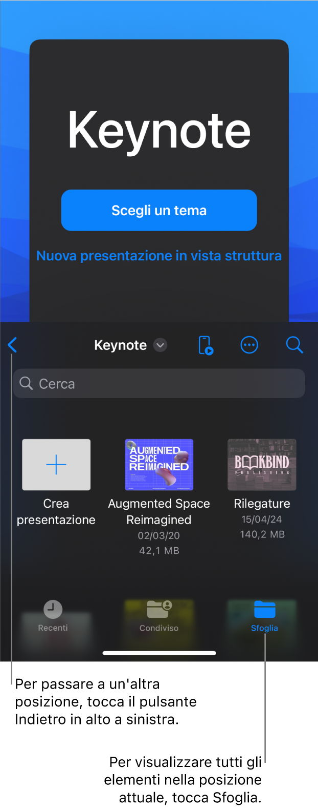 La vista Sfoglia del gestore documenti con il pulsante Indietro nell’angolo in alto a sinistra. Sotto di esso si trova il campo di ricerca. Nell’angolo in alto a destra sono presenti i pulsanti Aggiungi, Altro e Telecomando. Nella parte inferiore dello schermo ci sono i pulsanti Recenti, Condivisi e Sfoglia.