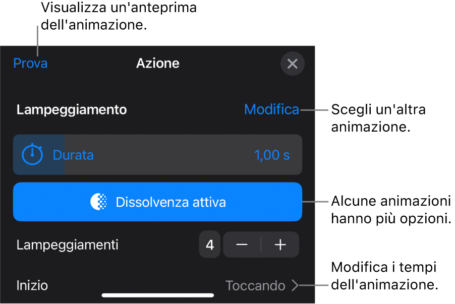 Le opzioni di animazione includono Durata e tempo di Inizio. Tocca Modifica per scegliere un’animazione differente oppure tocca Anteprima per visualizzare l’anteprima dell’animazione.