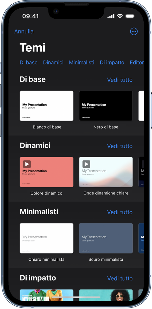  “Scelta temi”, in cui è visibile una riga di categorie nella parte superiore dello schermo che puoi toccare per filtrare le opzioni. Sotto si trovano le miniature di temi predefiniti organizzati in righe per categoria.