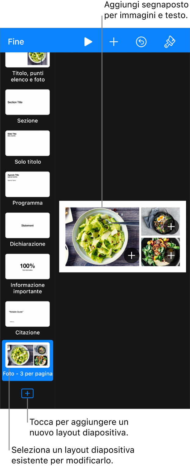 Una layout diapositiva nell’area di lavoro, con il pulsante “Aggiungi layout diapositiva” in fondo al navigatore diapositive.