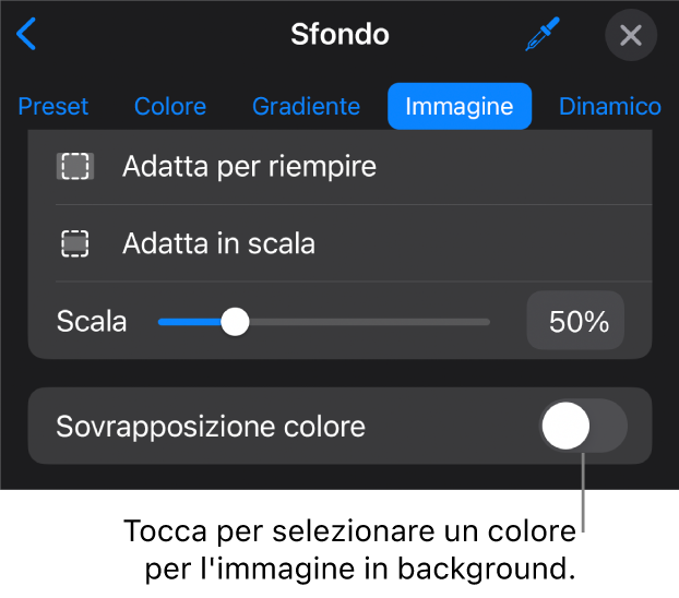 I controlli Sfondo, con un’immagine impostata come sfondo della diapositiva e il controllo “Sovrapposizione colore” nella parte inferiore.