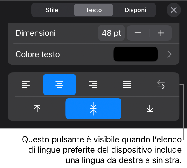 Controlli del testo nel menu Formato con una didascalia per il pulsante “Da destra a sinistra”.